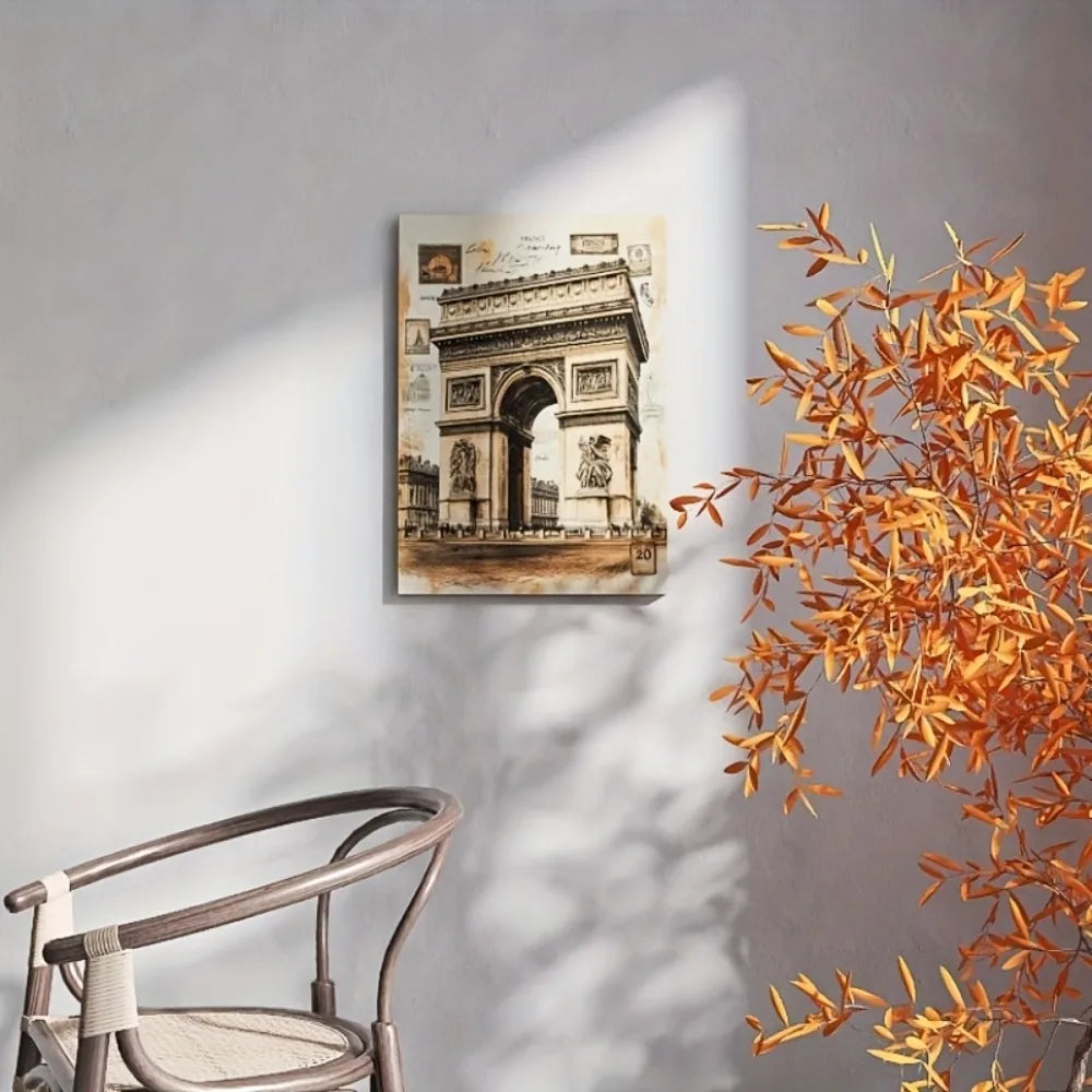 Paris Arc de Triomphe canvas art with travel symbols, pine frame, can be hung directly, suitable for interior decoration