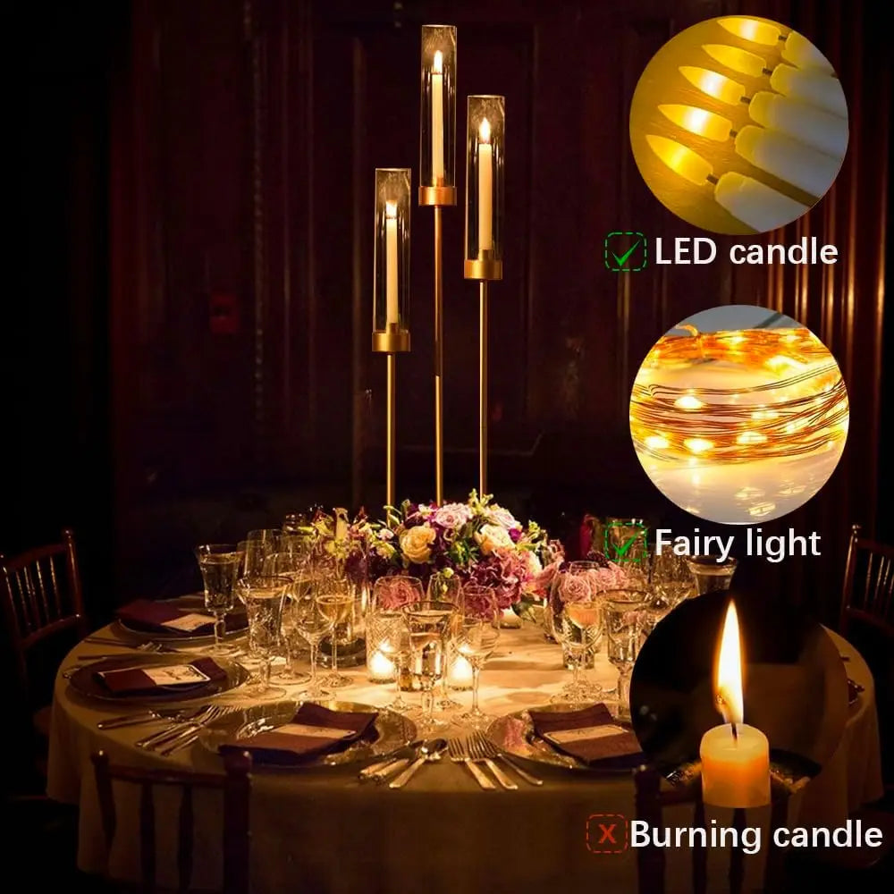 Candlestick Holders Gold for Wedding 8Pcs Taper 3 Arm 33.8Inch Tall Clear Cylinder Metal Candle Stands for Party Home Decor