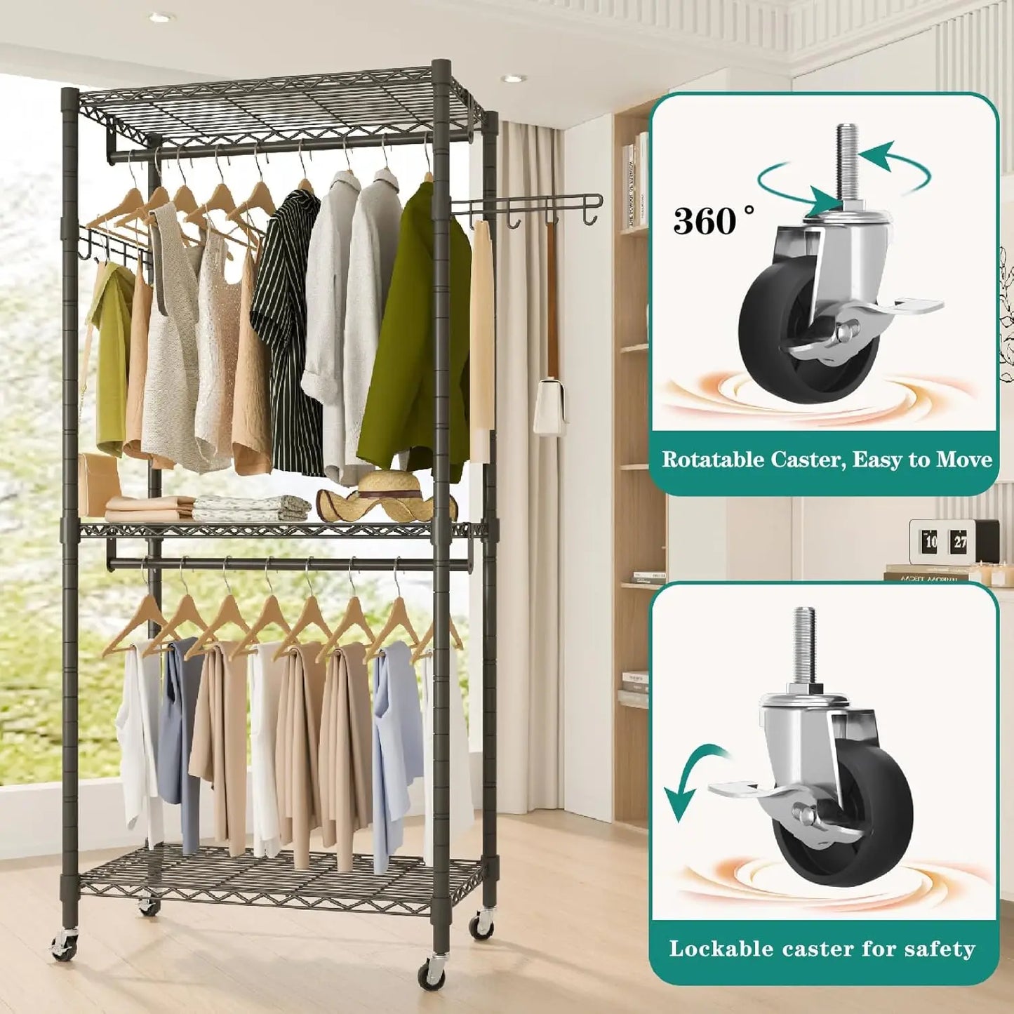 Rolling Clothes Rack Heavy Duty Wire Adjustable Garment Rack for Hanging Clothes with Lockable Wheels 2 Hanger Rods 35.4''L x 15