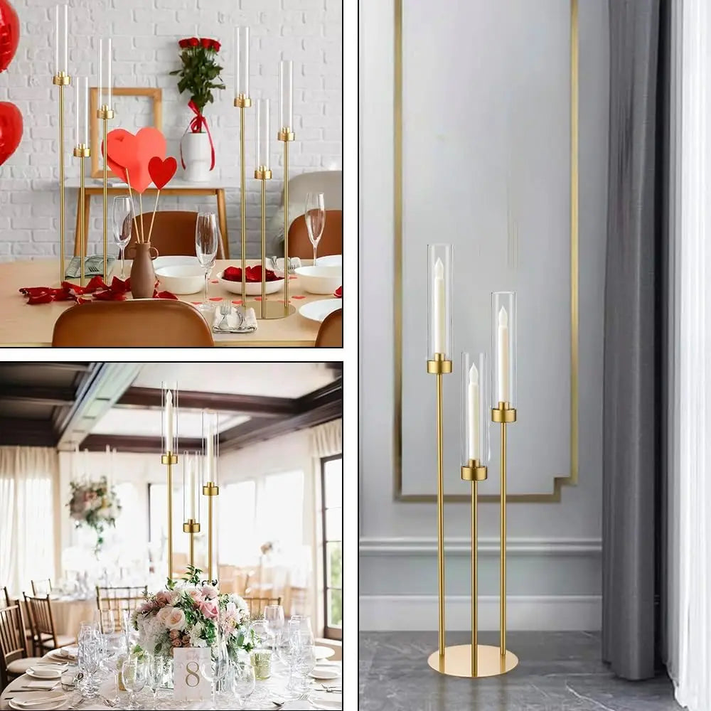 Candlestick Holders Gold for Wedding 8Pcs Taper 3 Arm 33.8Inch Tall Clear Cylinder Metal Candle Stands for Party Home Decor