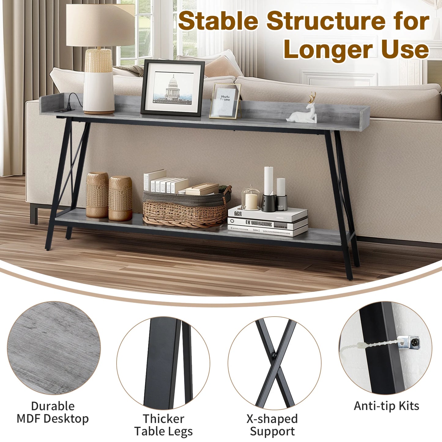 70.9" Console Table, Gray, 2 Outlets & USB. Rustic Industrial, Living Room, Entryway, Hallway, Bar.