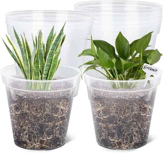 10-Inch Clear Nursery Pots with Drainage Holes and Plant Labels, Ideal for Flowers, Seeds, Succulents, Vegetables (10-Pack)