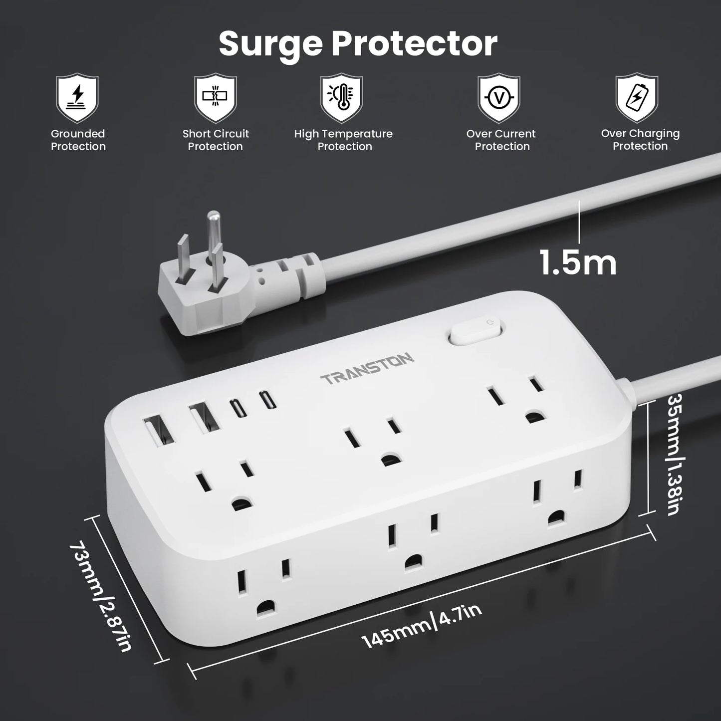 power strip surge protector with 6 AC Outlets,2 USB & 2 USB-C Fast Charging Ports,10 in 1,45°tilt plug,Advanced Protection for