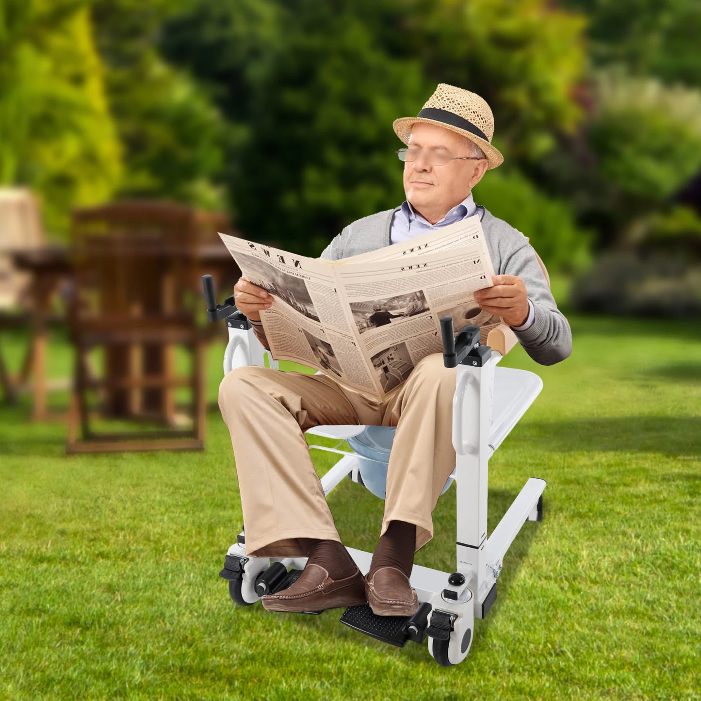 Manual Hand Commode Chair 220.46 lbs Crank Shifting Caregiver Mobility Aid Patient Lift Transfer Machine Seat Elderly Disabled