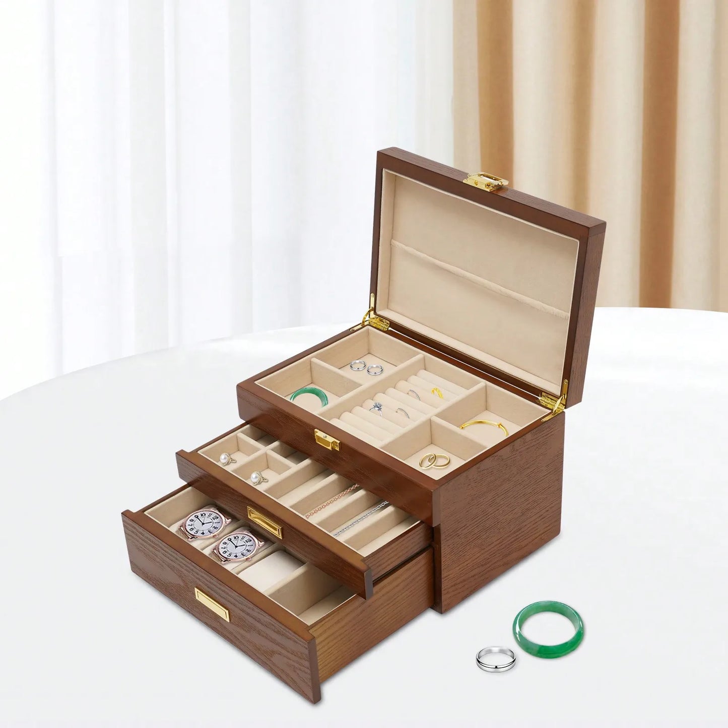 Black Walnut /Brown / White Wood Organizer Jewelry and Watch Display Case Storage Box Convenient