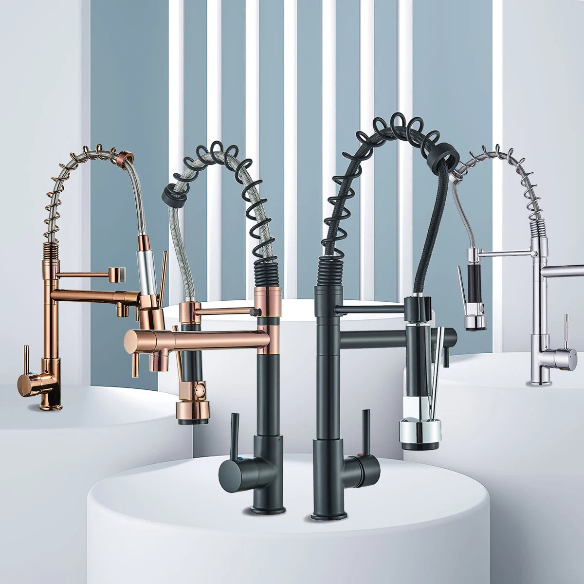 Popular Kitchen Spring Sink Faucet Rose Gold Color New Matching Hot Cold Bath Mixer Tap Modern Free Rotation Pull Down Spout